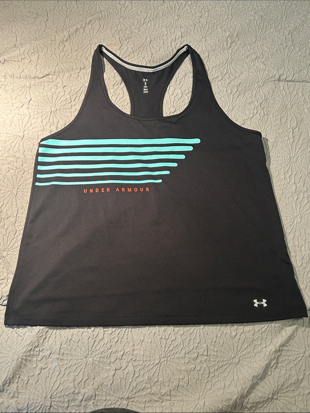 Under Armour Black Racerback Tank with Teal Stripes and Orange Logo